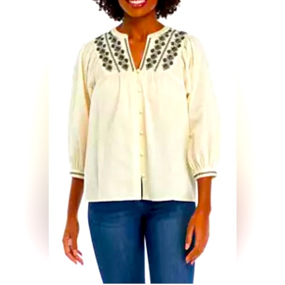Wonderly Women's Embroidered Button Down Peasant Blouse Size XLP Cream Boho Boxy - Picture 1 of 10